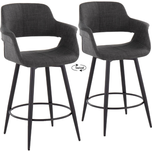 Vintage Flair 26" Swivel Counter Stool in Black Metal & Charcoal Fabric (Set of 2)